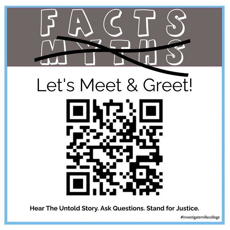 A graphic with a QR code for a meet and greet with a former Mills student who had to transfer out due to the merger.